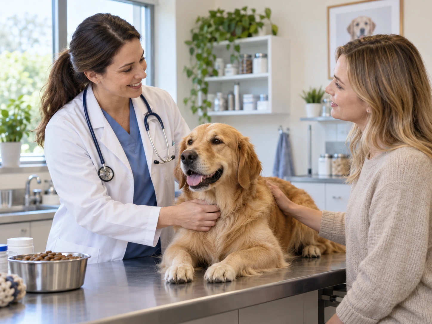 Dog and owner speaking with a veterinarian about diet and digestive health