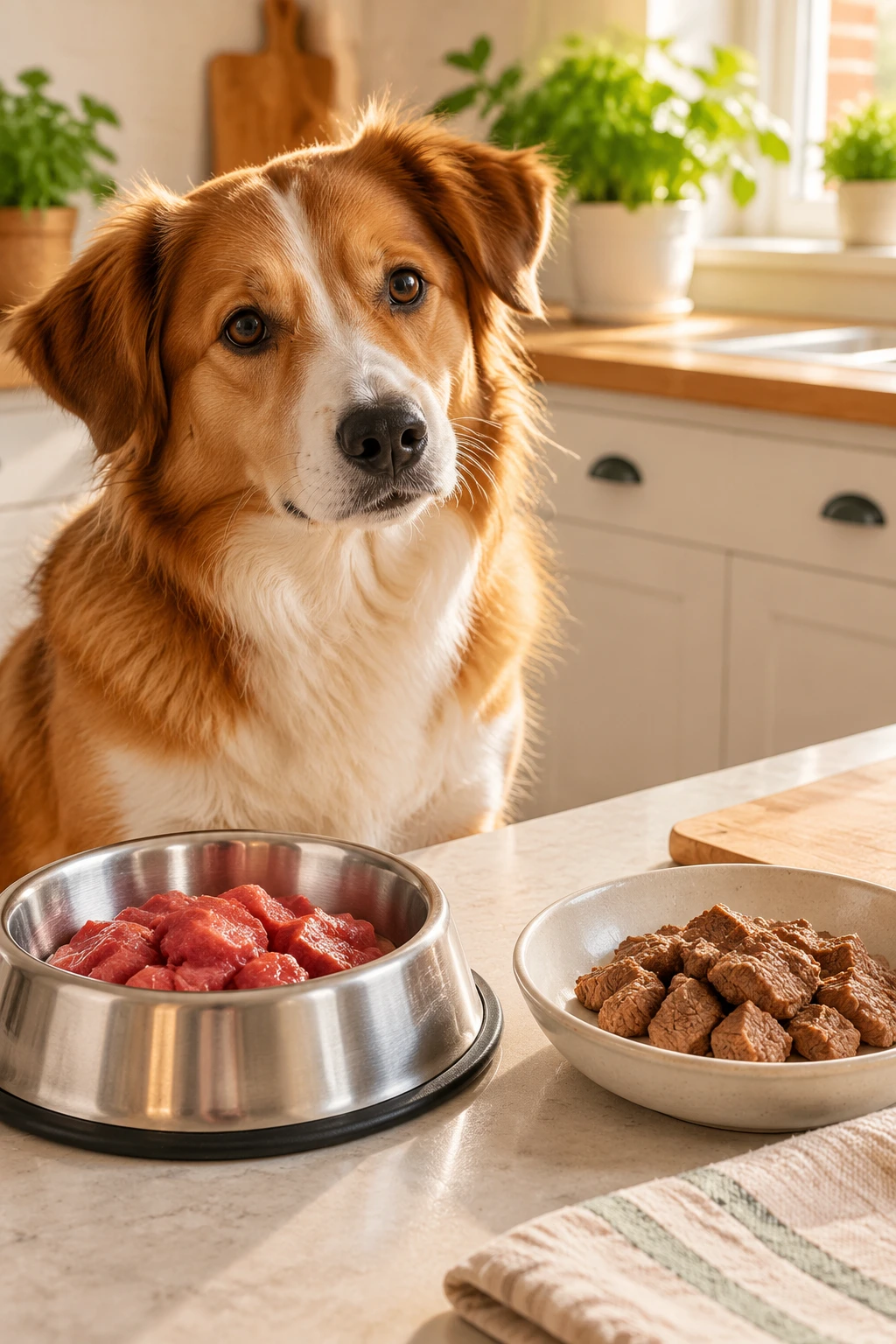 A dog sitting beside a bowl of raw beef on a kitchen counter, with cooked meat in a separate dish nearby.