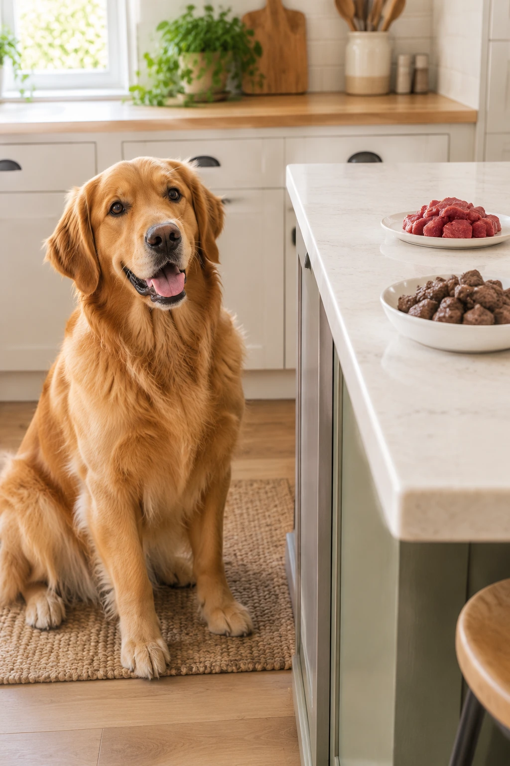 A golden retriever beside separate dishes of raw and cooked beef in a clean kitchen.
