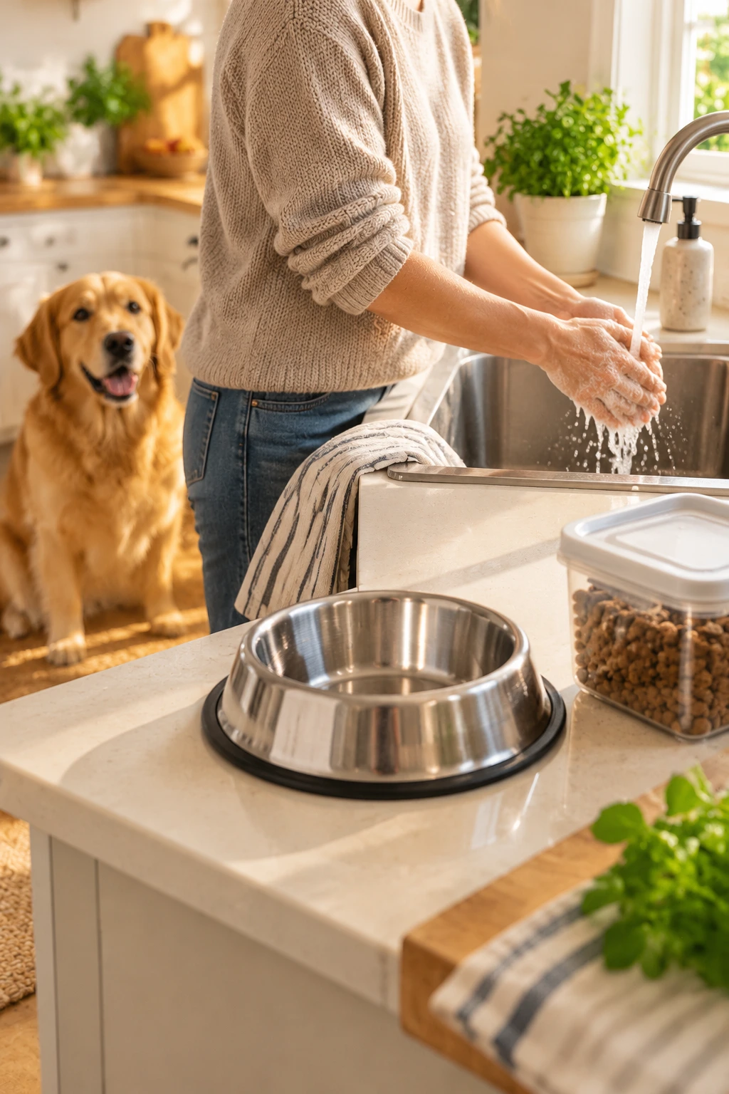 A person washing their hands after handling pet food in a home kitchen.