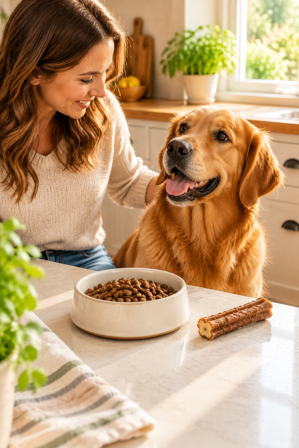 A dog beside its owner in a kitchen with a dog bowl and an appropriate chew.