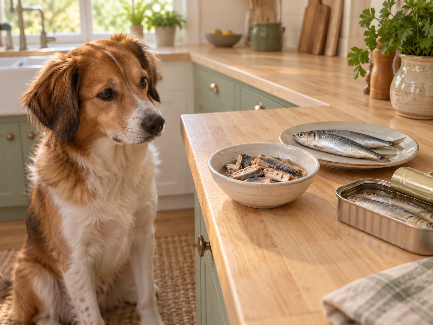 A curious dog sitting beside a small bowl of plain sardines on a kitchen counter, with a few fresh sardines and a can packed in water nearby.