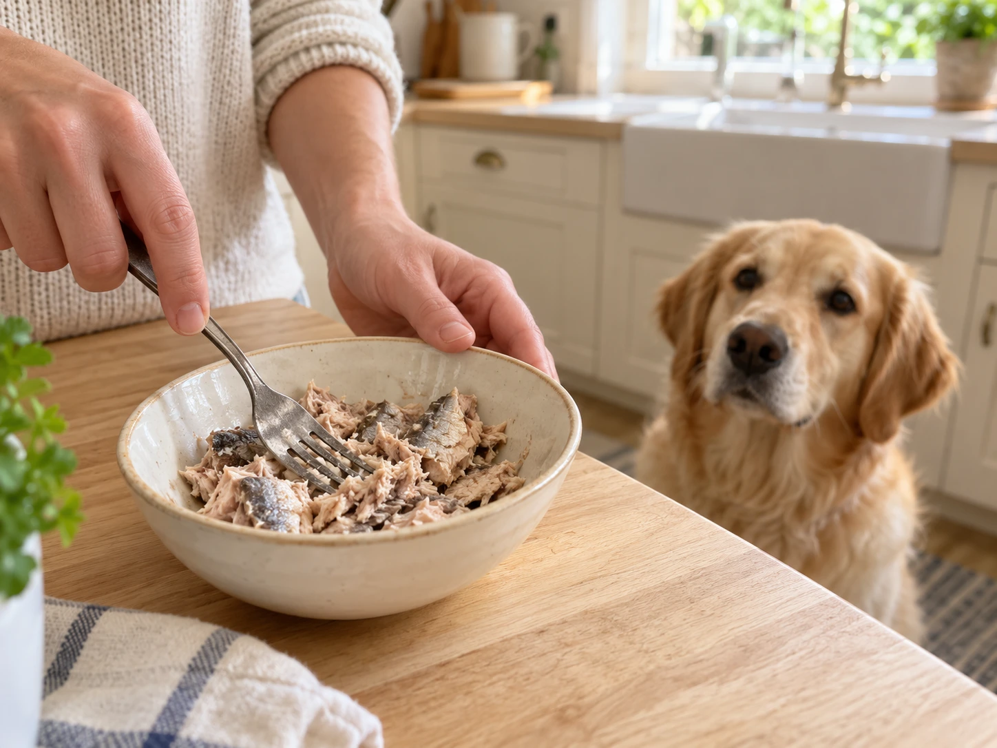 Plain canned sardines being mashed with a fork before they are offered to a dog.