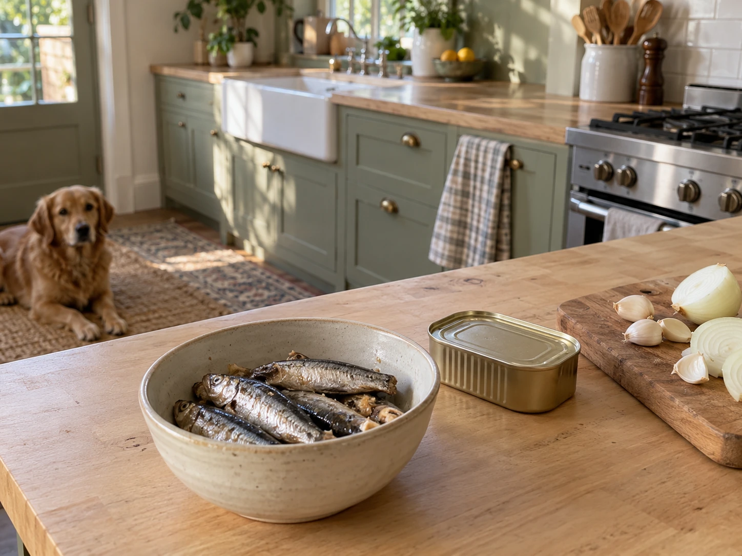 Plain sardines beside garlic and onion on a kitchen counter, illustrating why seasoned fish should be kept away from dogs.