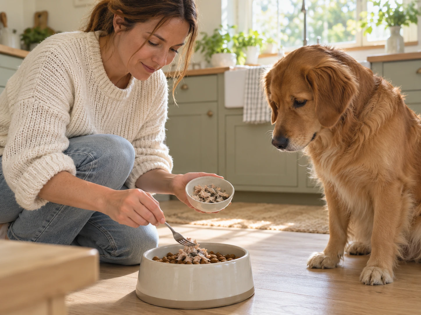 A small amount of mashed plain sardine being added to a dog's regular food.