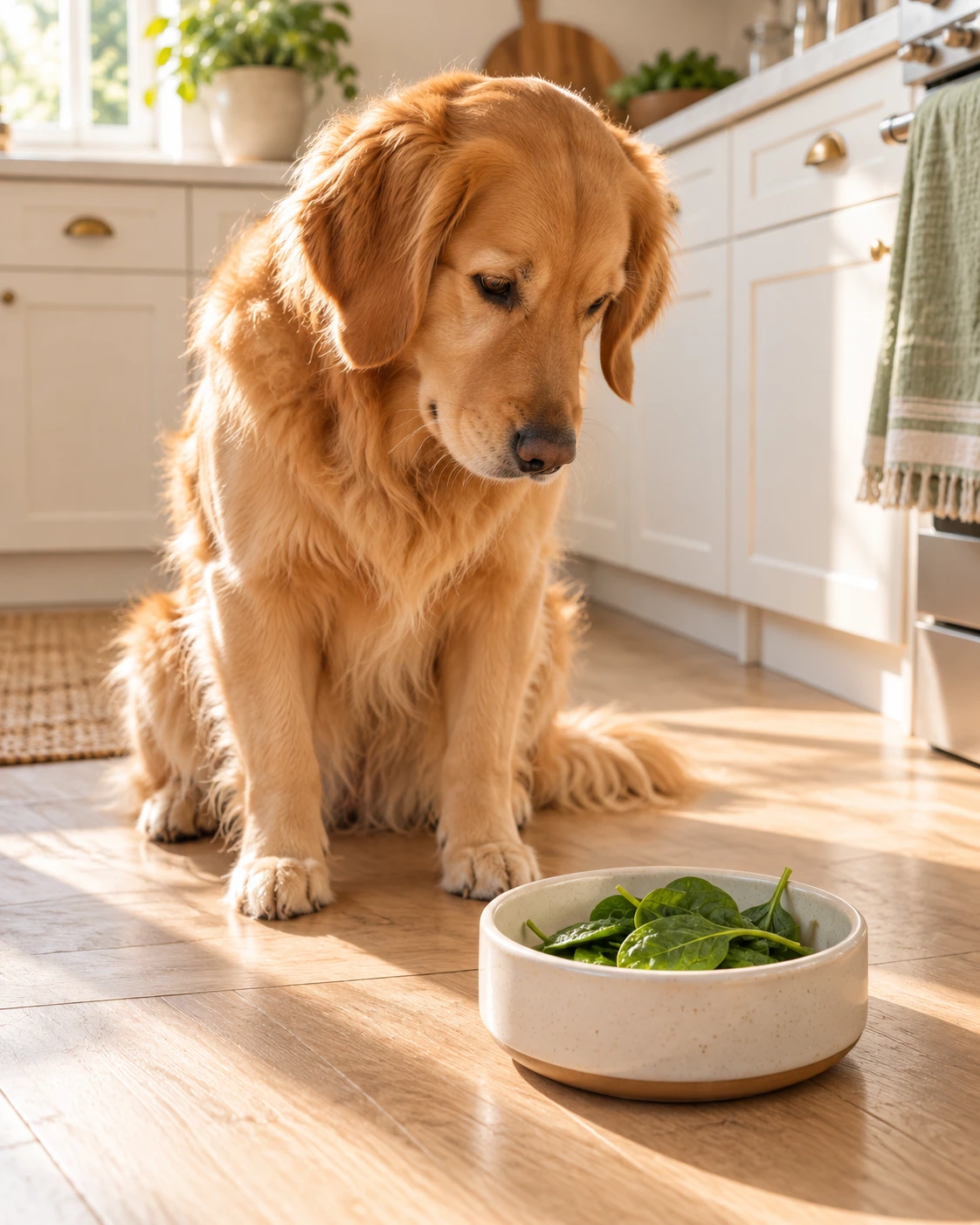 Golden retriever sitting beside a small ceramic bowl of fresh spinach leaves on a sunny kitchen floor