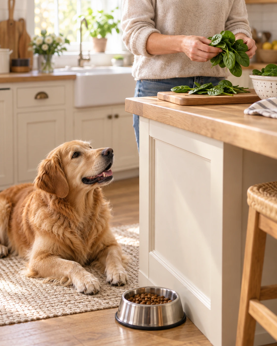 Owner holding fresh spinach near a cutting board while a golden retriever watches from the kitchen floor