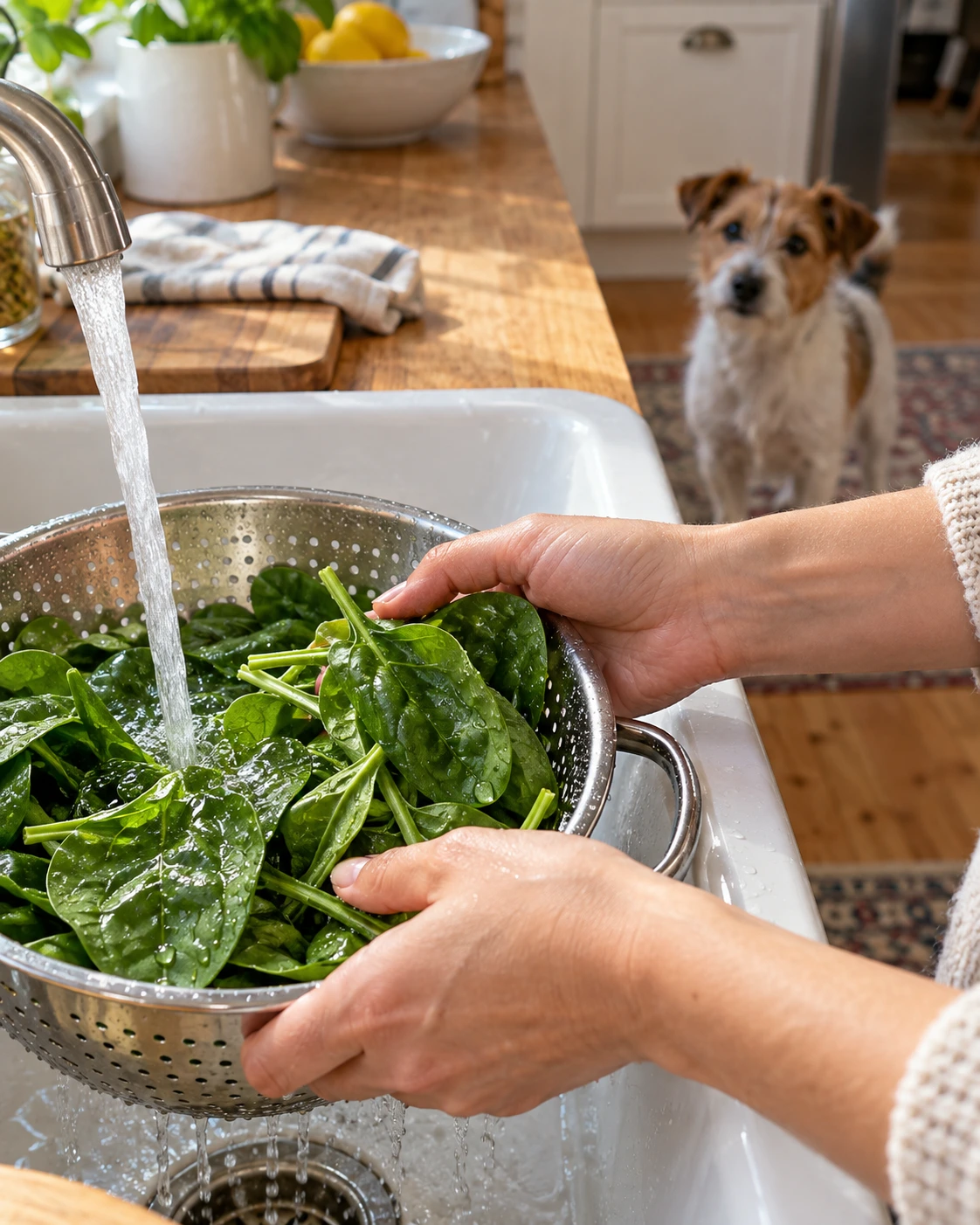 Fresh spinach being rinsed in a stainless steel colander while a small dog watches in the background