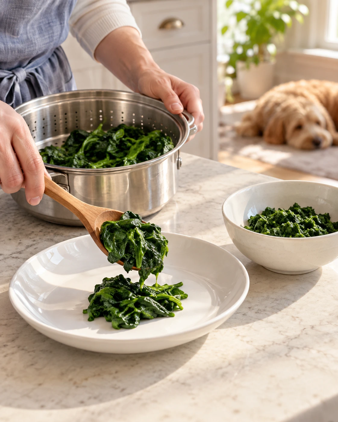 Plain steamed spinach cooling on a ceramic plate before being chopped for a dog's food