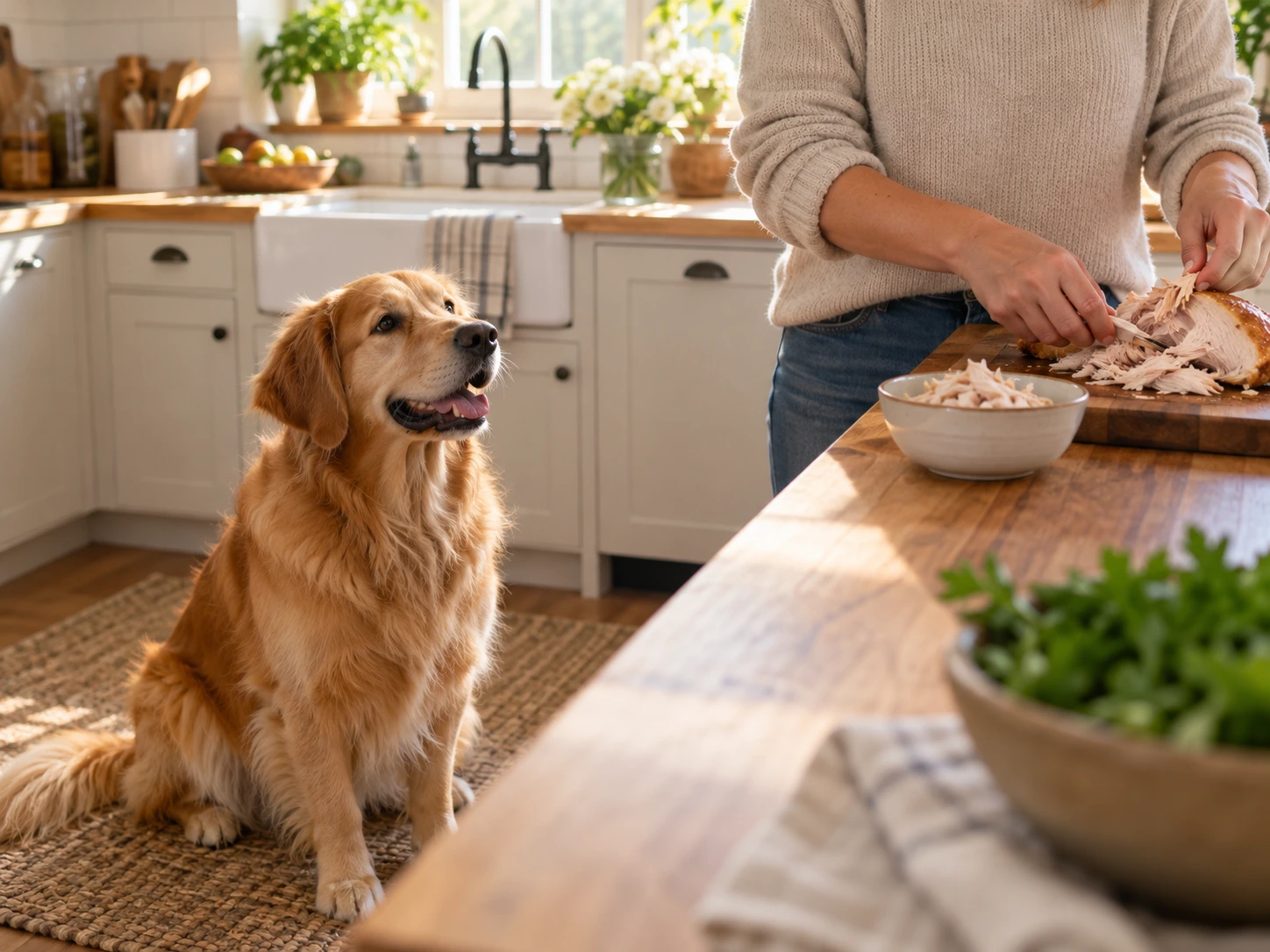 A dog sitting beside a kitchen table while a small portion of plain turkey rests nearby