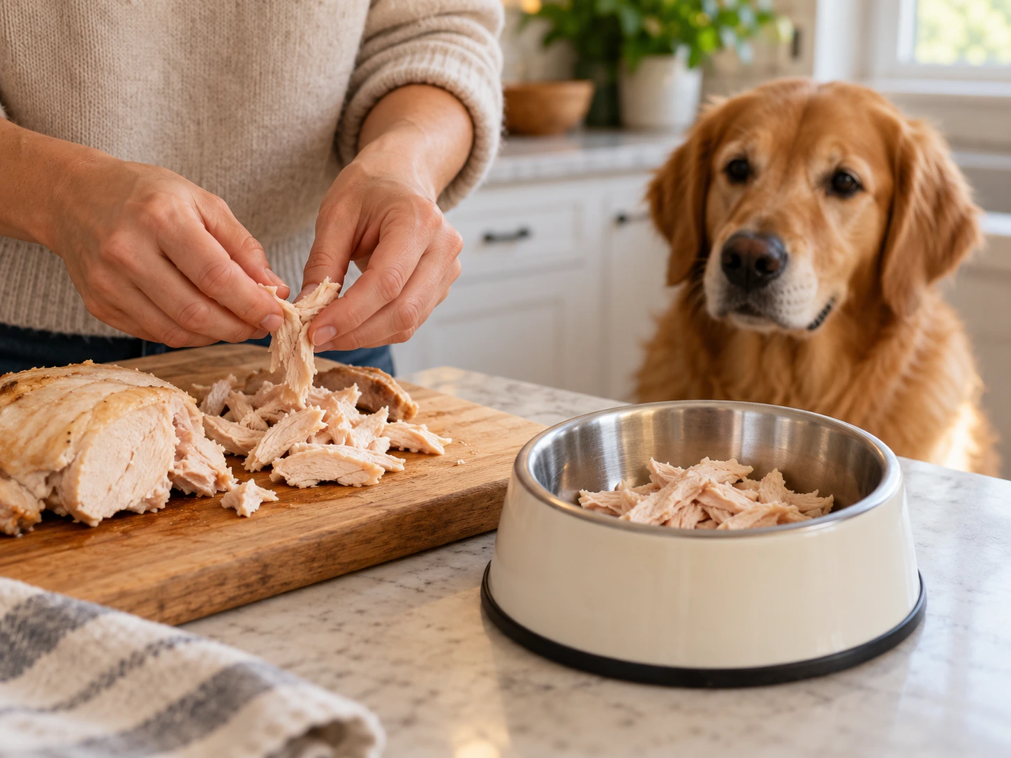 Plain cooked turkey prepared as a small dog-friendly portion in a home kitchen