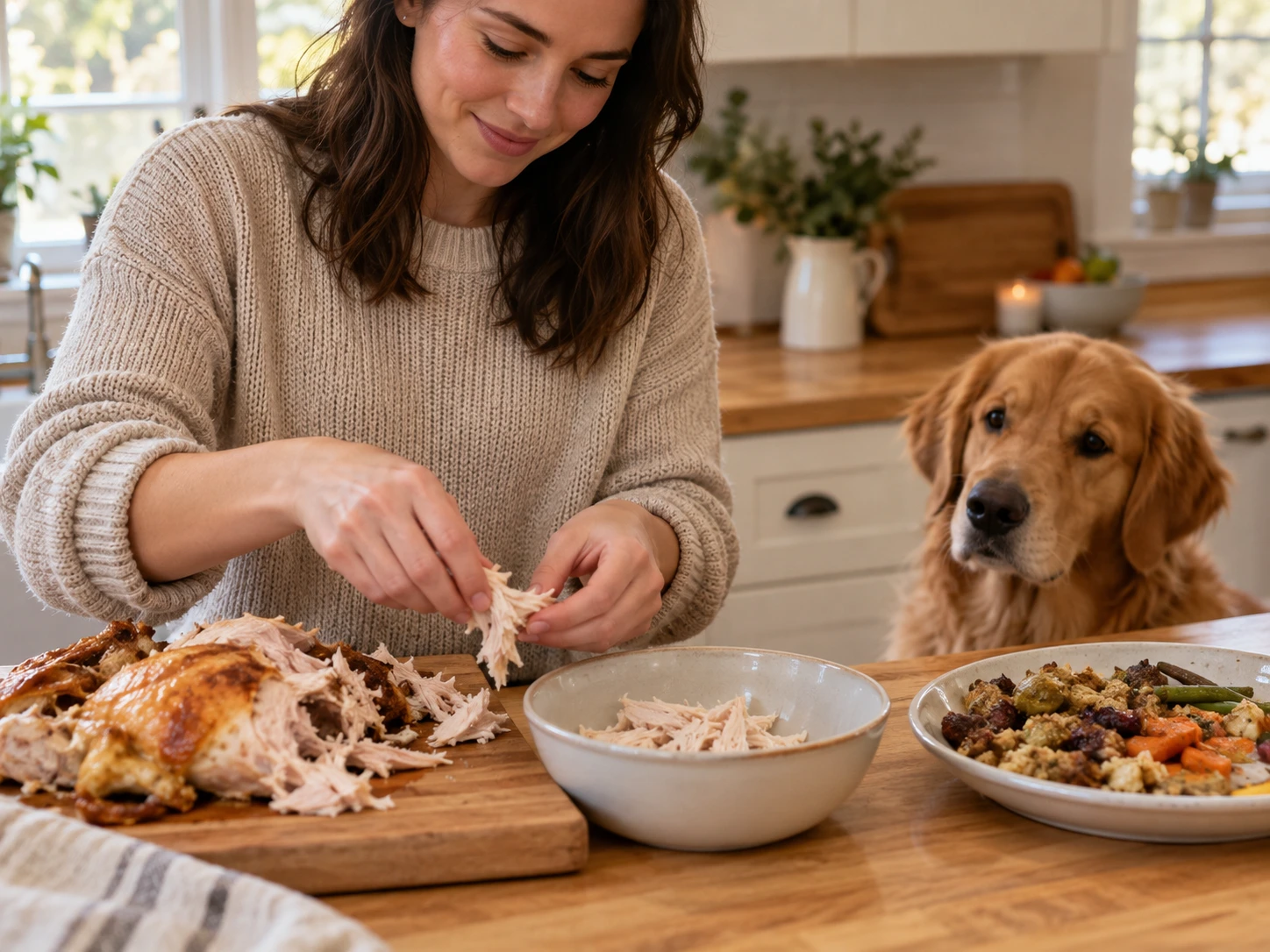 Dog owner separating turkey meat from unsuitable leftovers before feeding a pet