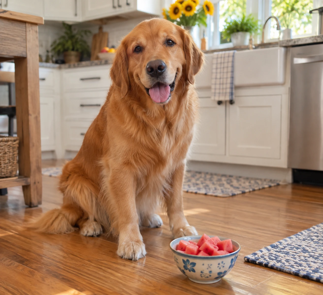 Dog sitting beside a bowl of fresh watermelon pieces in a bright home kitchen