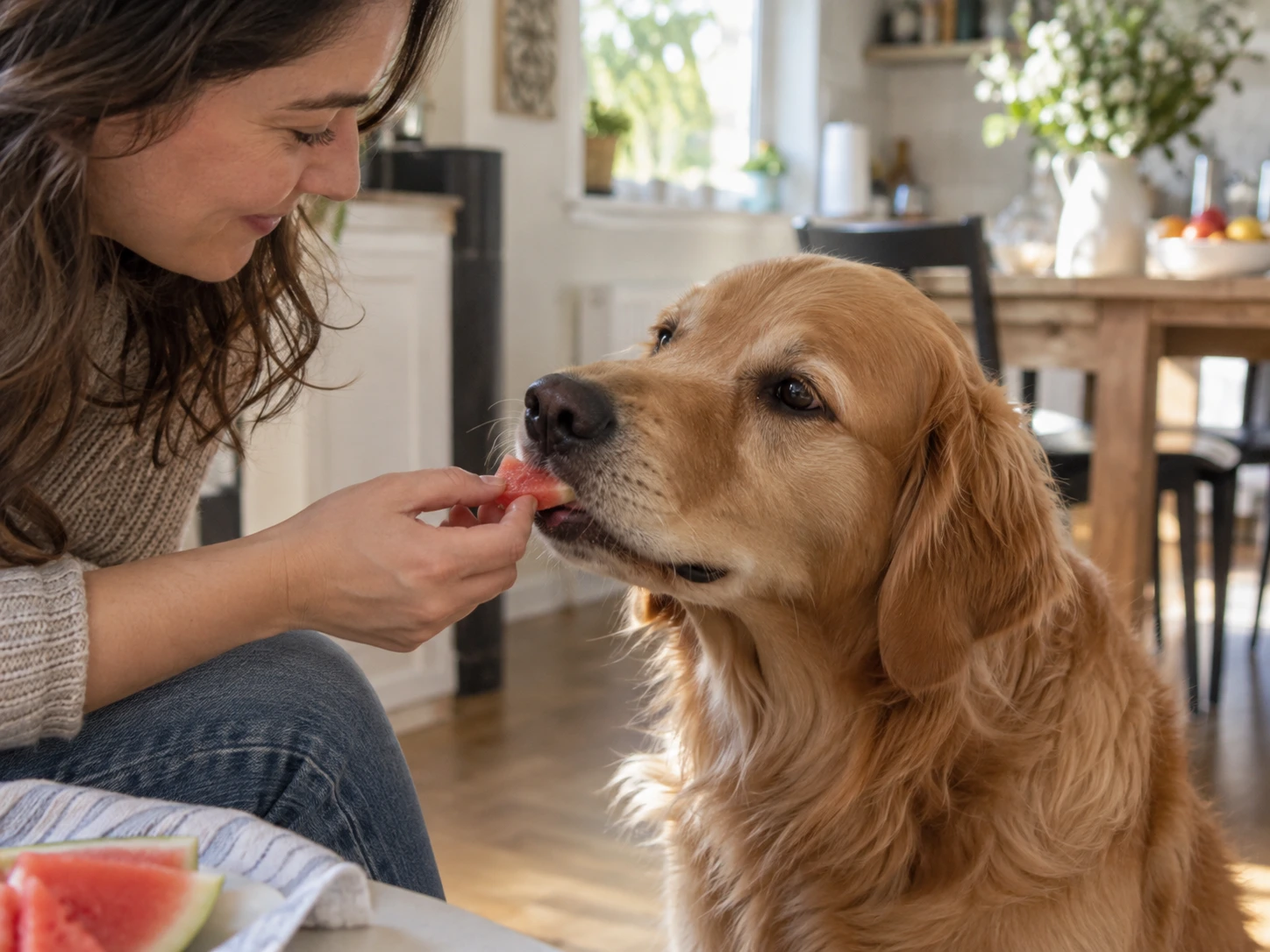 Dog owner offering a small watermelon piece to a dog at home