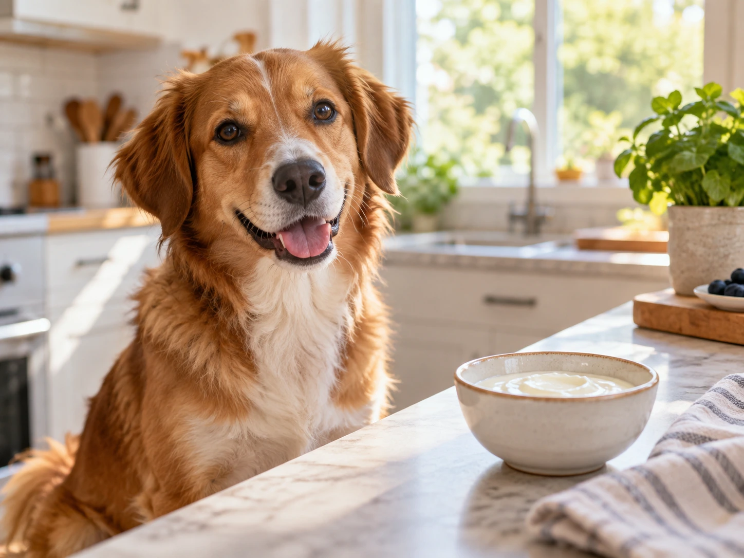 Dog sitting beside a small bowl of plain yogurt on a bright kitchen floor