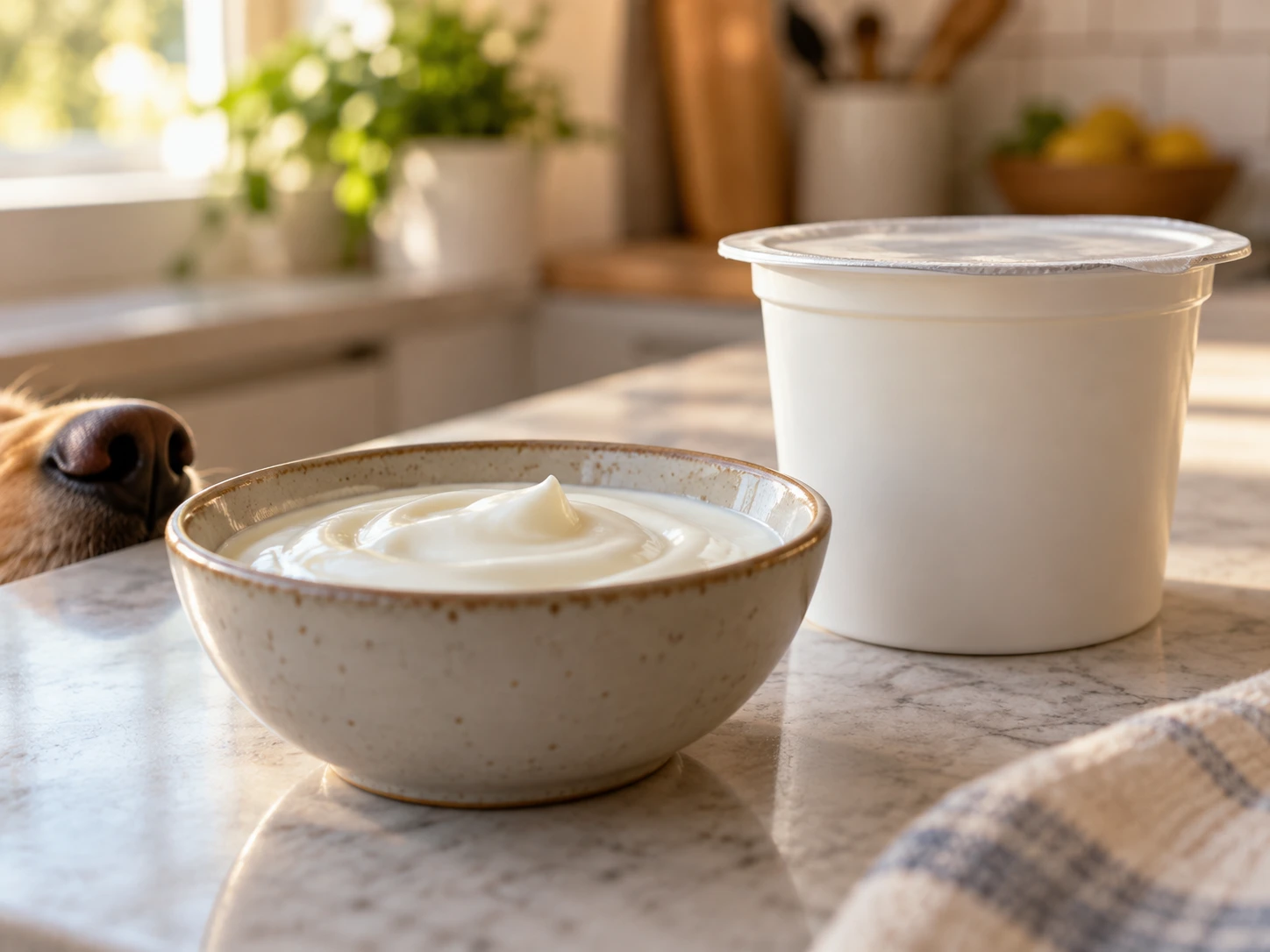 Small bowl of plain yogurt with a dog waiting nearby