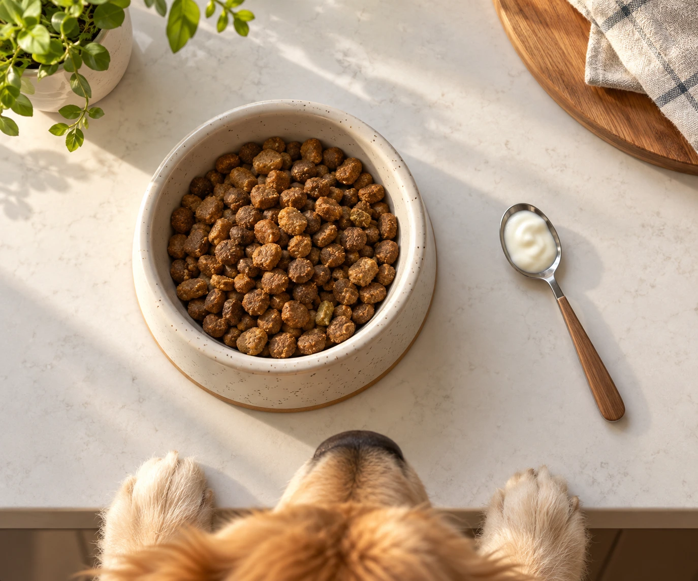 Small spoonful of plain yogurt beside a dog's regular meal