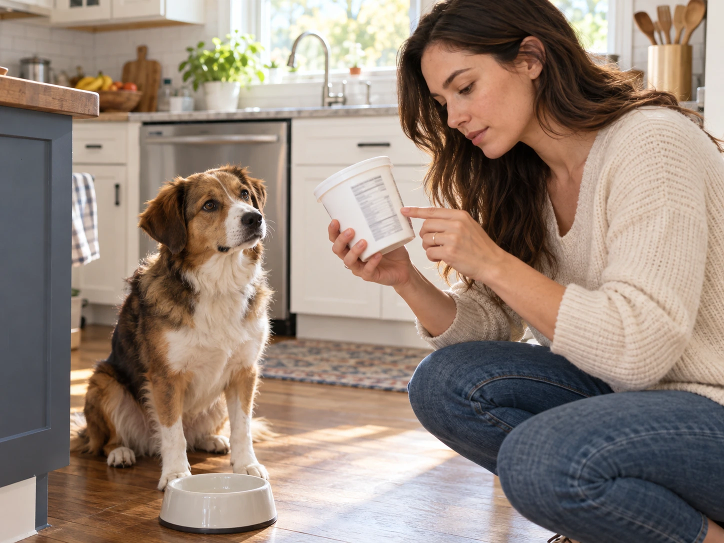 Pet owner checking a yogurt ingredient label while a dog waits nearby