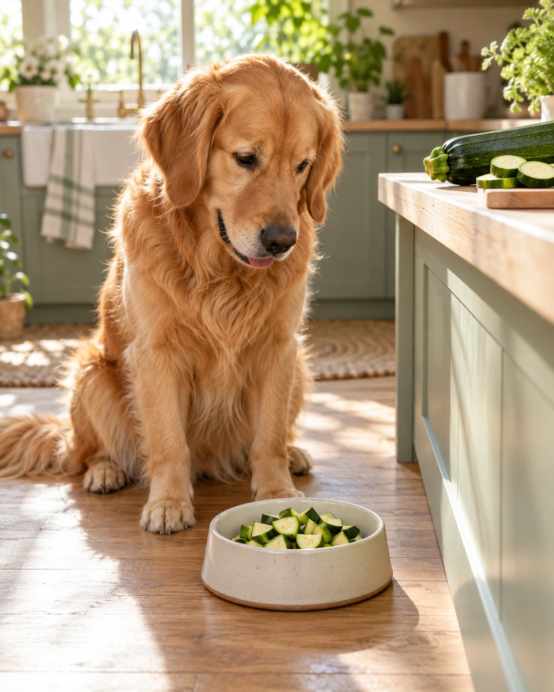 Golden retriever sitting beside a small ceramic bowl of freshly chopped zucchini in a bright home kitchen