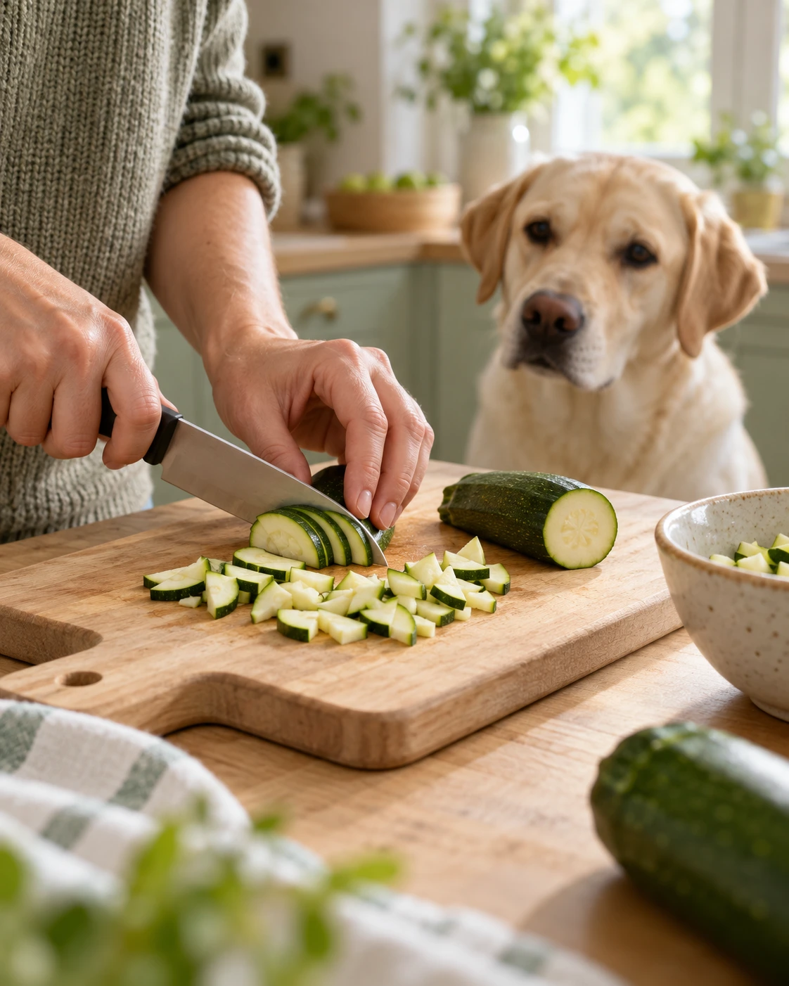Fresh raw zucchini being cut into small thin pieces on a wooden board while a Labrador watches nearby
