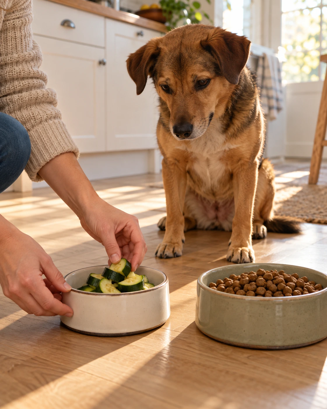 Owner serving a small portion of plain steamed zucchini beside a dog's regular meal