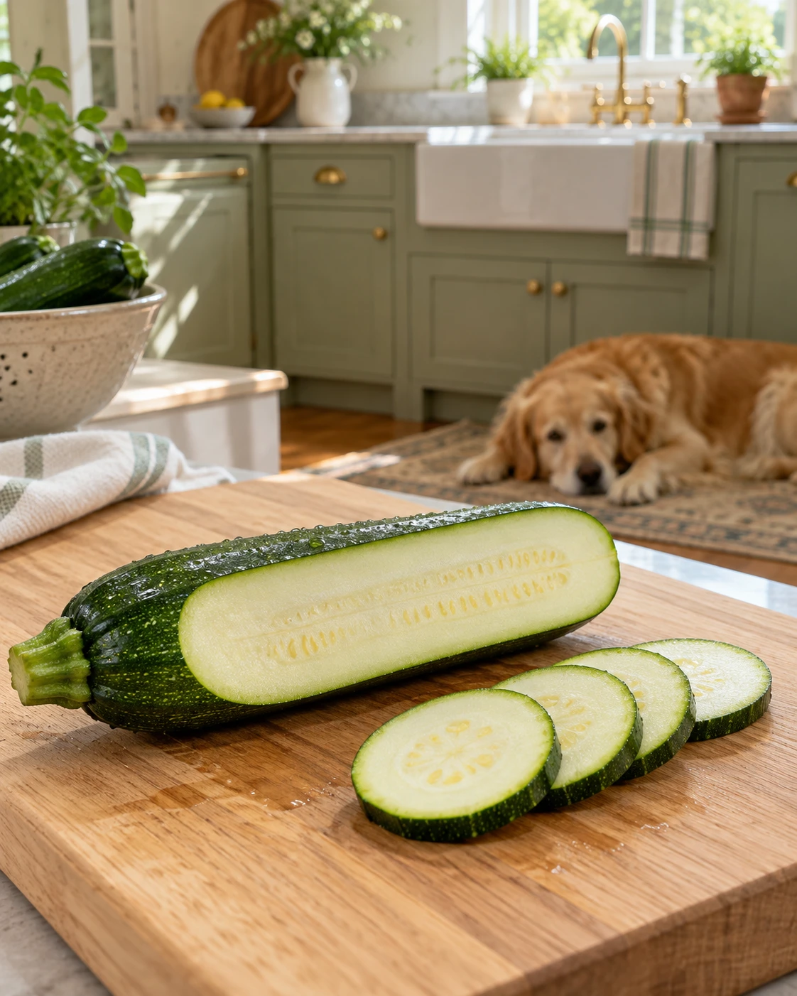 Sliced fresh zucchini showing its thin green edible skin and tiny soft seeds