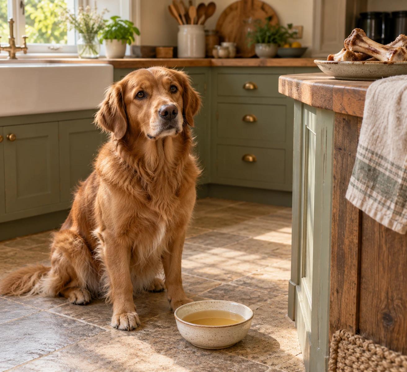 A curious brown dog sitting beside a ceramic bowl of plain bone broth in a home kitchen