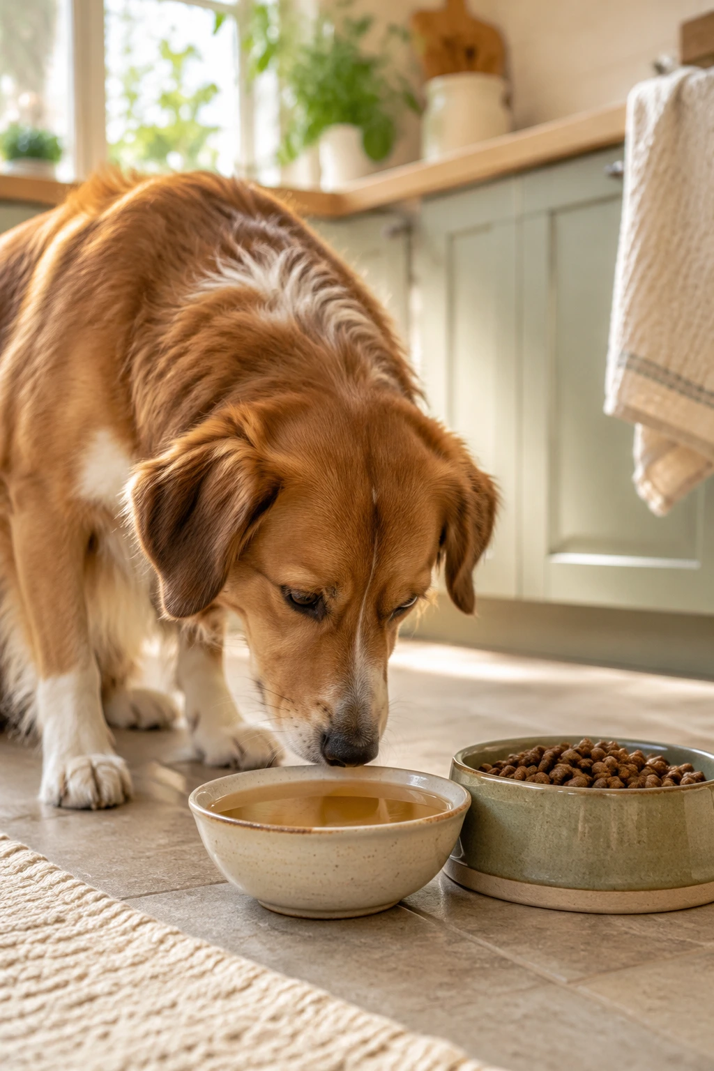 A dog sniffing a small bowl of plain bone broth beside its regular food bowl