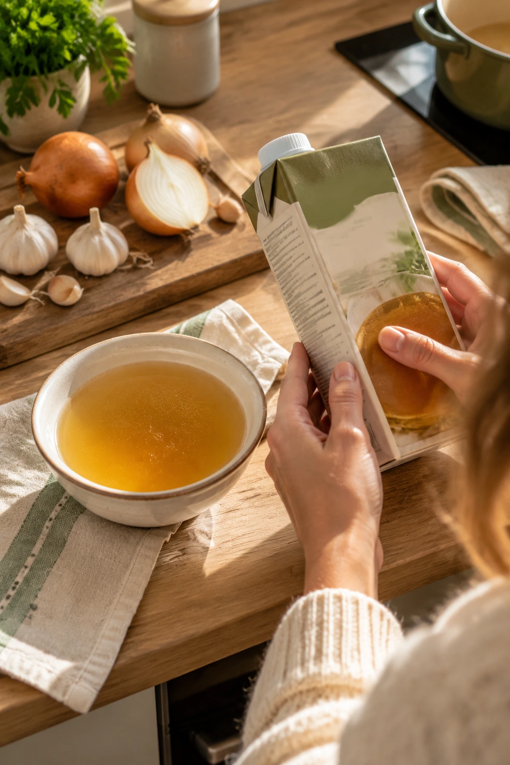 A person checking a broth carton beside a bowl of homemade broth and whole onions and garlic