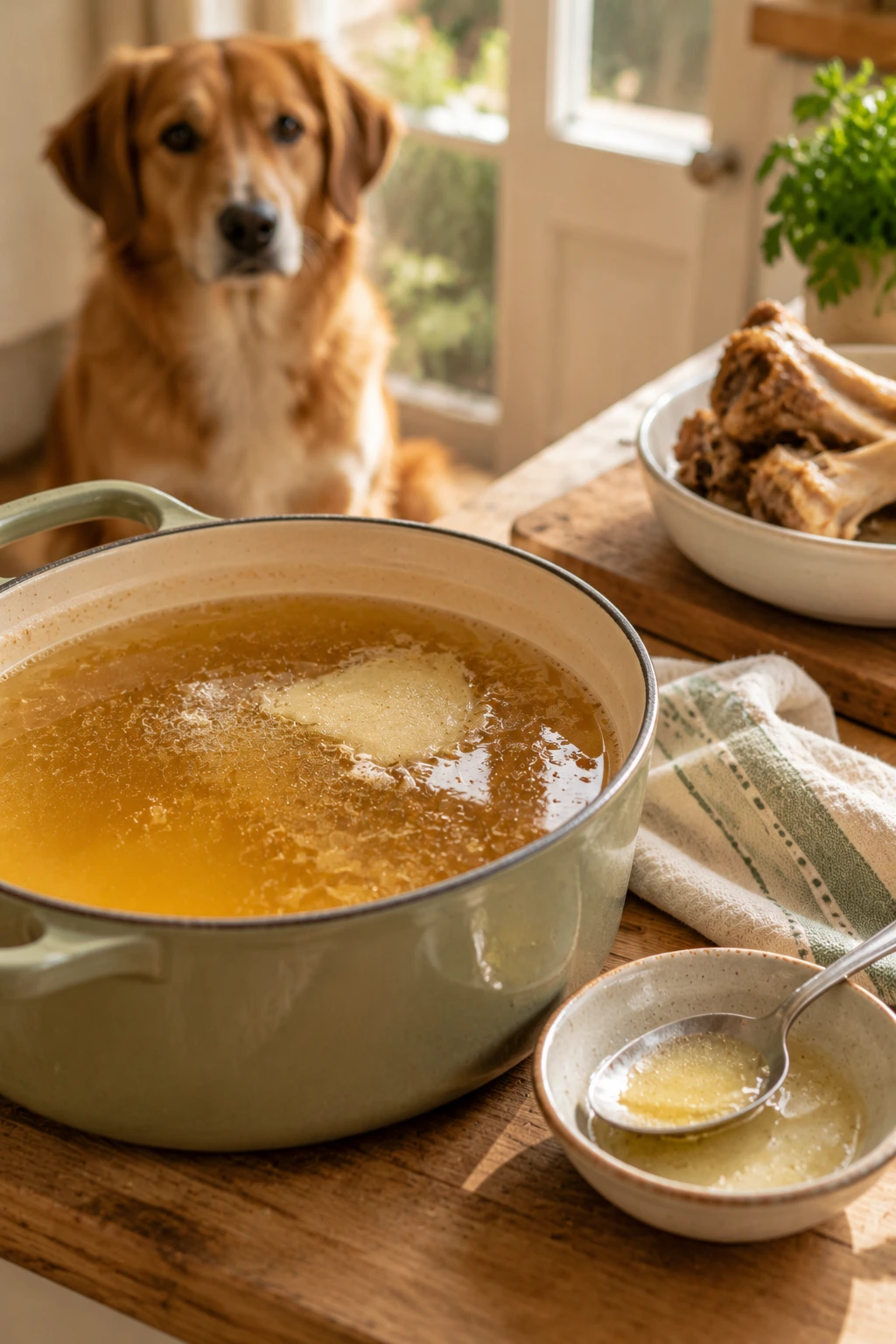 A pot of bone broth cooling before the visible fat is skimmed from the surface