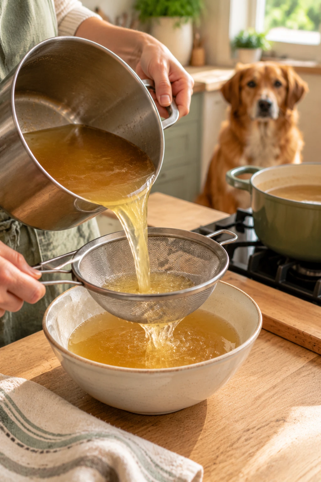 Plain bone broth being strained into a clean bowl to remove bone fragments
