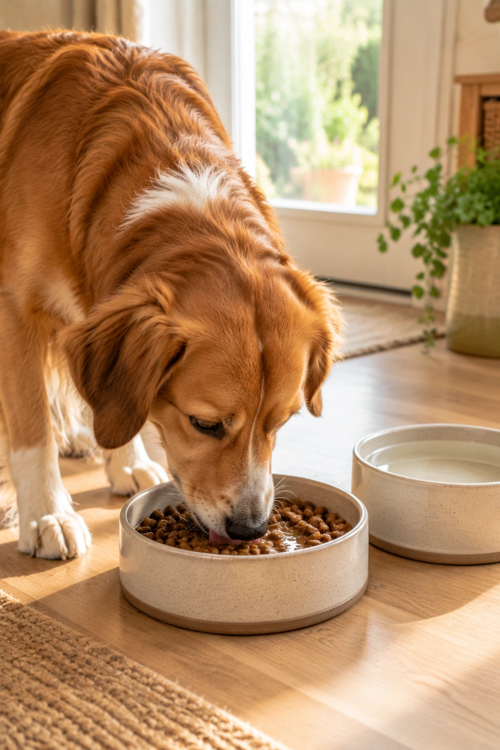A dog eating its usual kibble with a little plain bone broth added