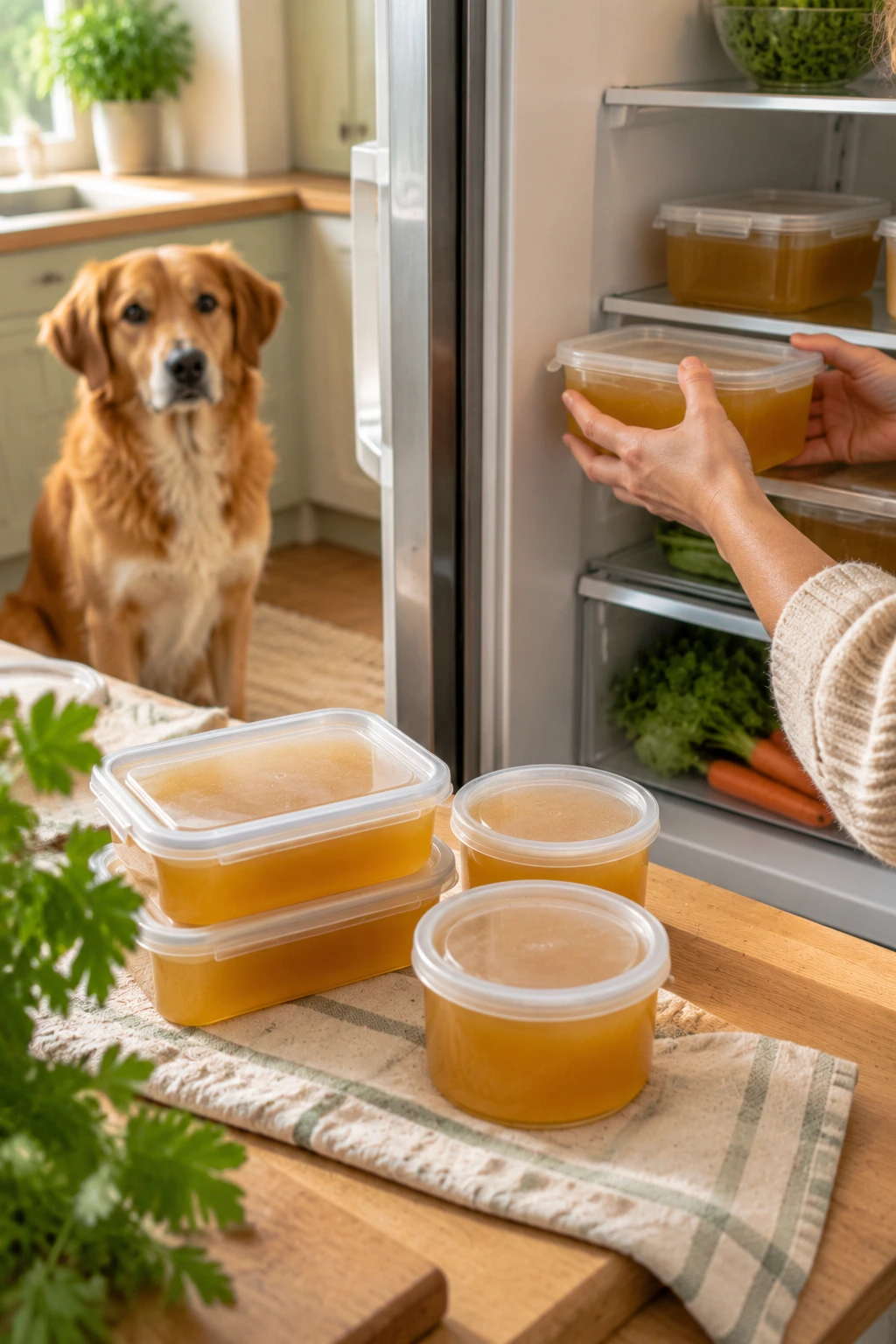 Covered containers of plain bone broth ready for refrigeration or freezing