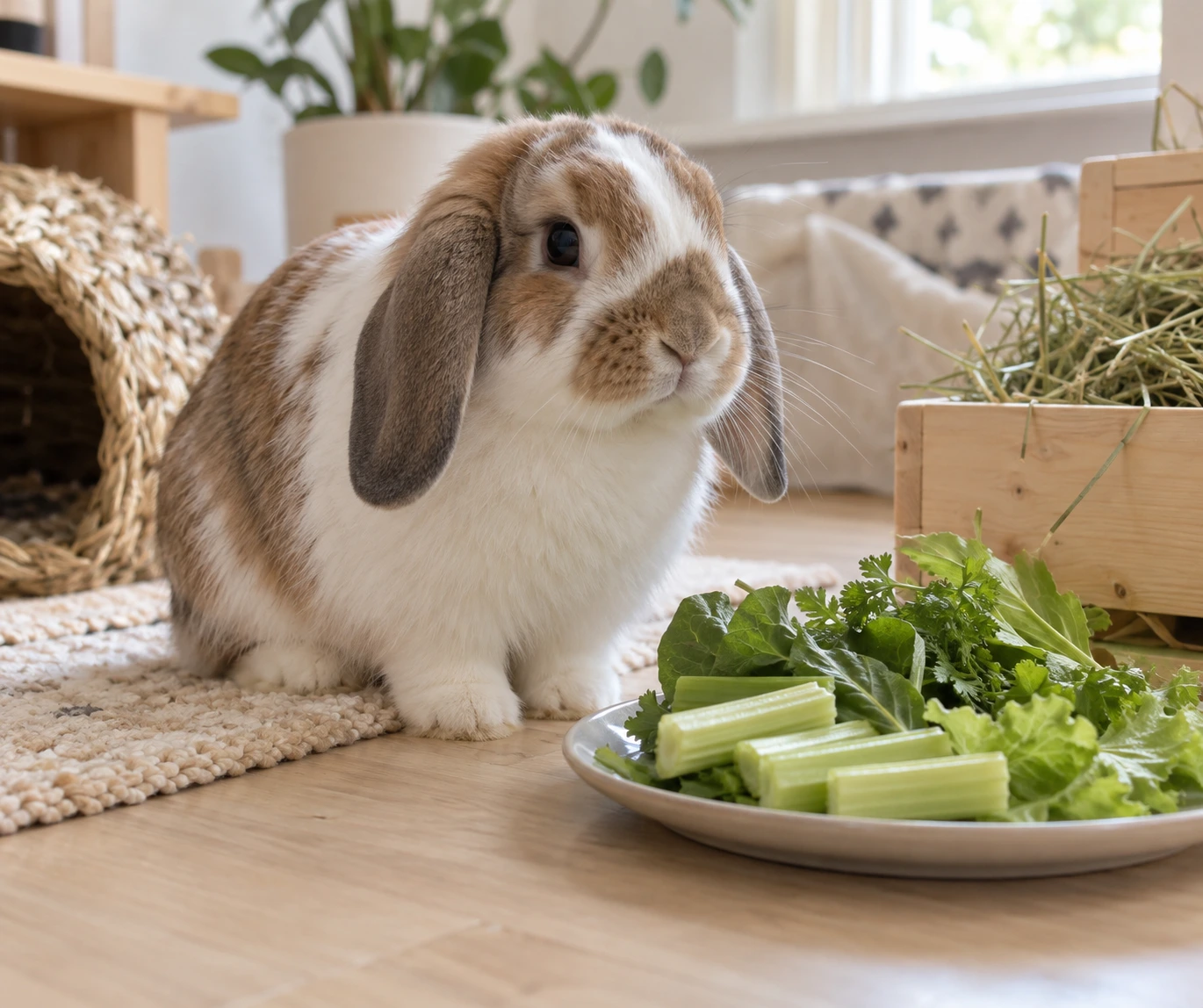 Pet rabbit beside fresh celery stalks and leafy greens on a clean kitchen surface