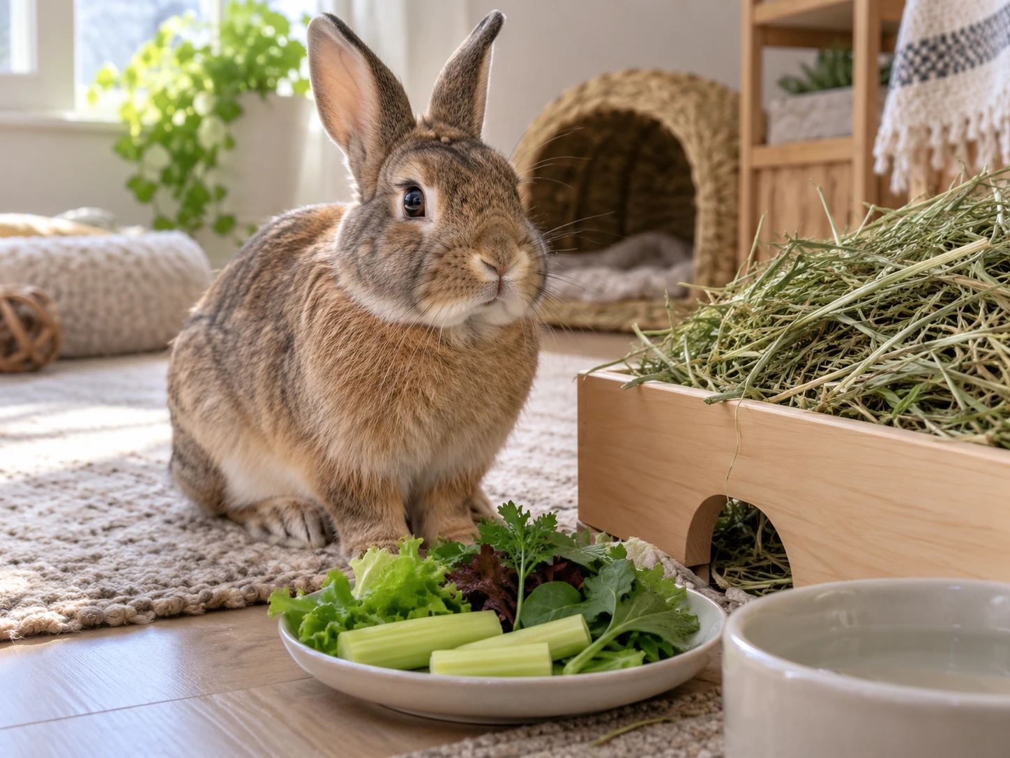 Rabbit beside hay and a small plate of celery with mixed fresh greens
