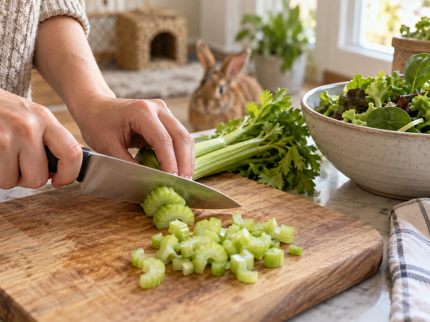 Celery stalk being cut crosswise into small pieces for a pet rabbit