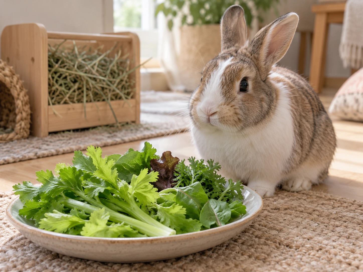 Fresh celery leaves with mixed greens beside a pet rabbit