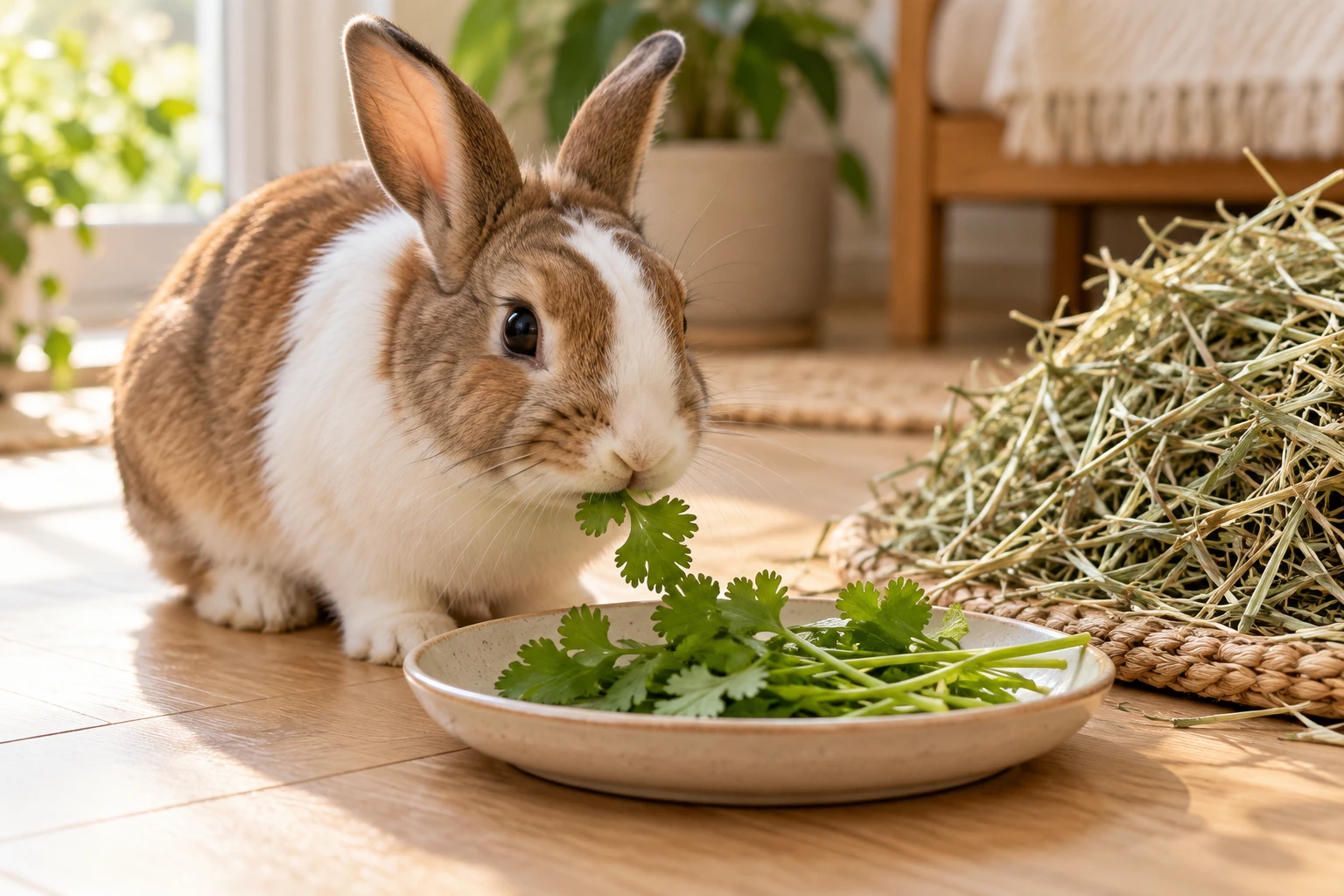 Brown and white pet rabbit eating fresh cilantro leaves and tender stems from a shallow ceramic plate beside a small pile of hay.