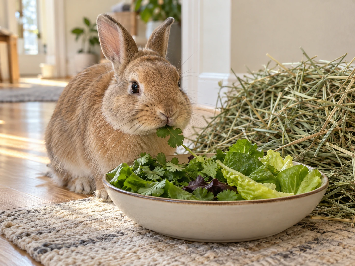 Sandy-brown rabbit beside a mixed bowl of cilantro and leafy greens, with grass hay available nearby.