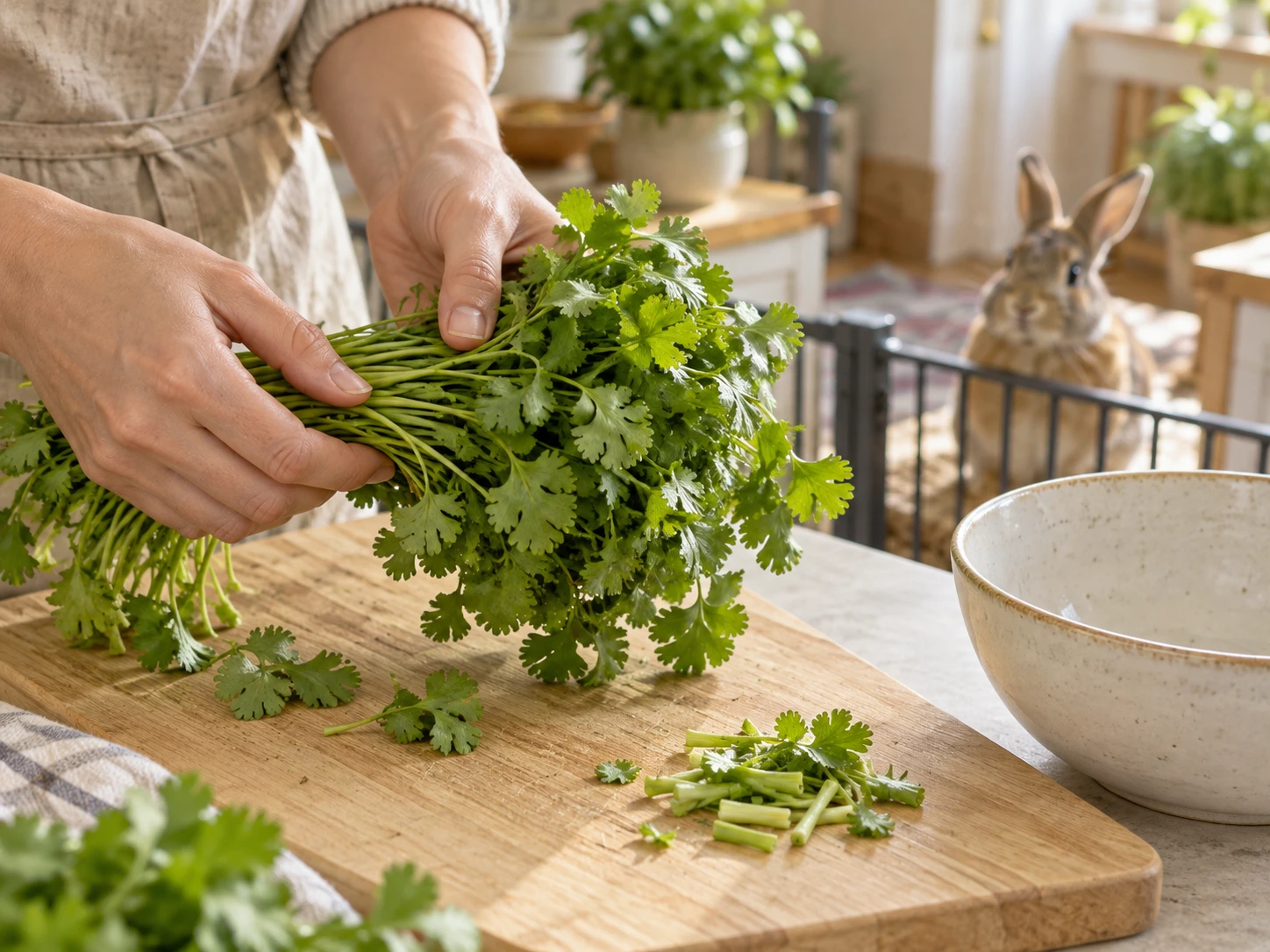 Fresh cilantro leaves and tender green stems being prepared on a wooden cutting board for a pet rabbit.