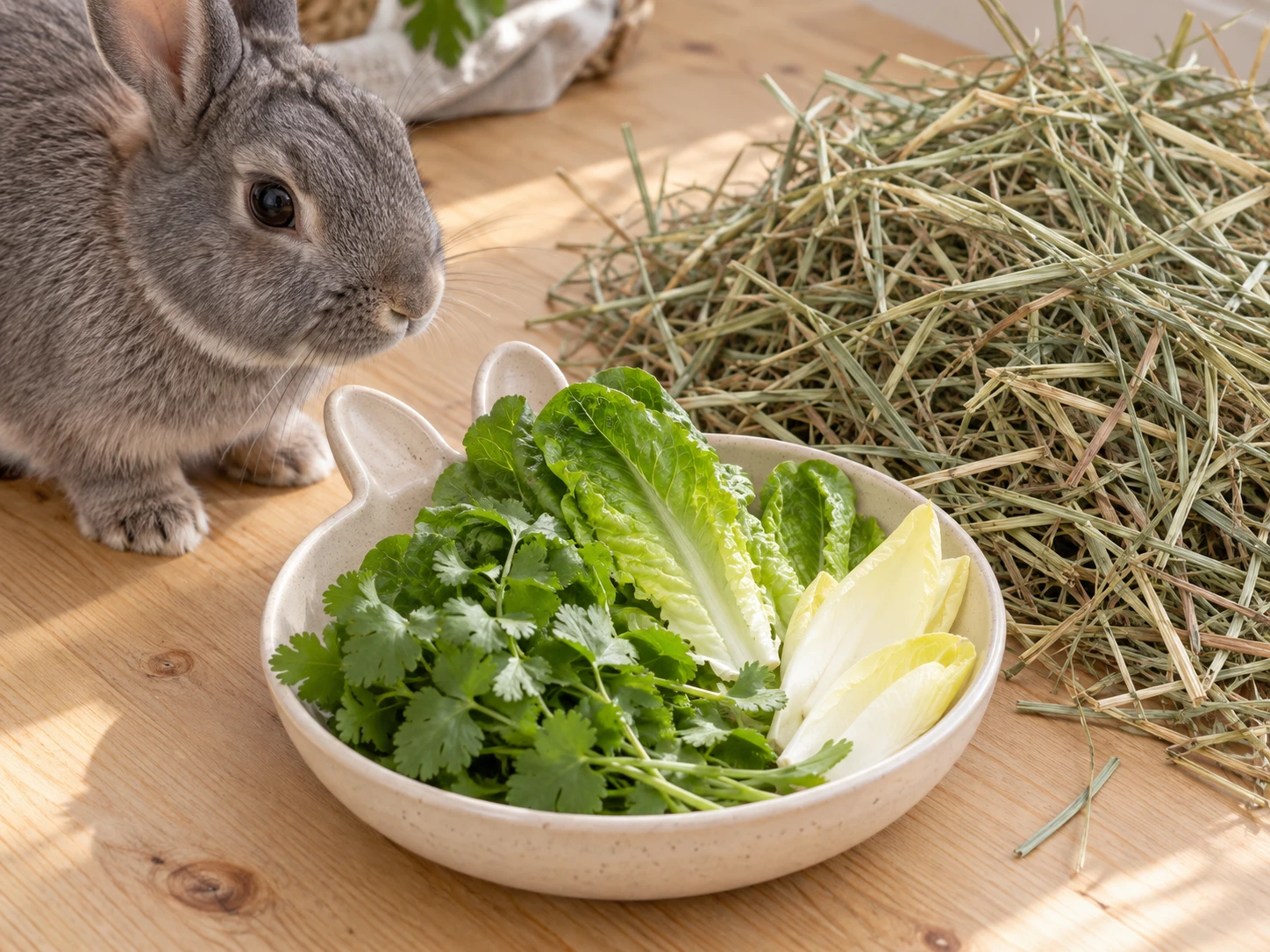 Small serving of cilantro mixed with romaine and endive beside a generous supply of grass hay.