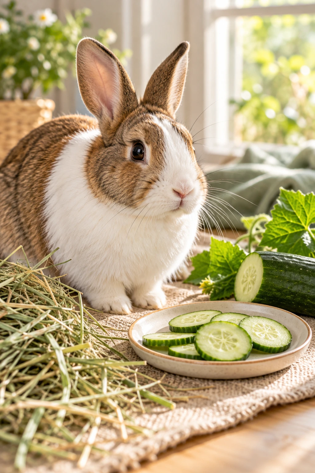 Brown and white pet rabbit sitting beside fresh cucumber slices on a pale wooden surface with hay nearby