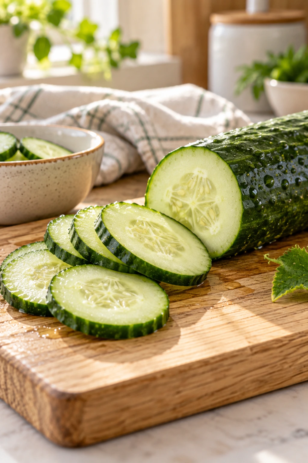 Close-up of cucumber slices showing the green skin, watery flesh and soft seeds that rabbits can generally eat