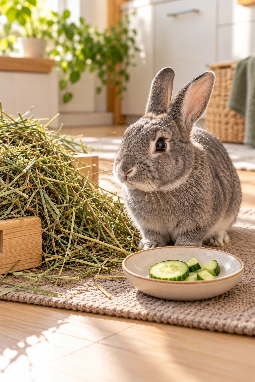 Small serving of cucumber beside a much larger pile of hay for a pet rabbit
