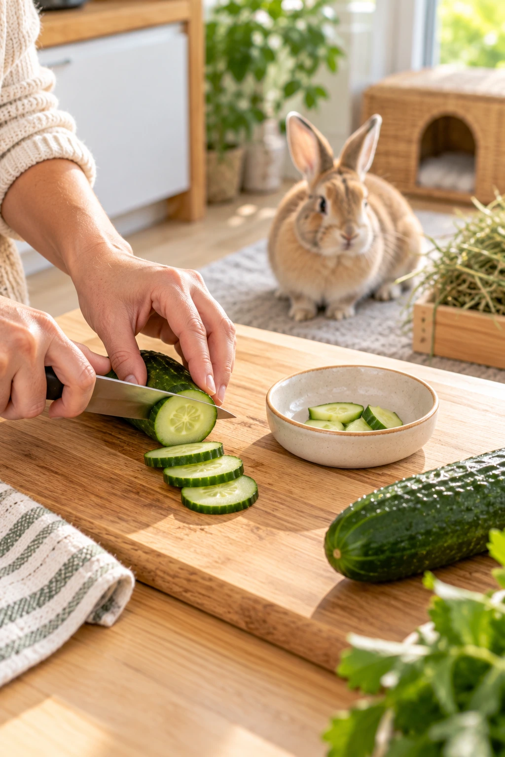 Hands cutting fresh cucumber into small plain pieces for a pet rabbit