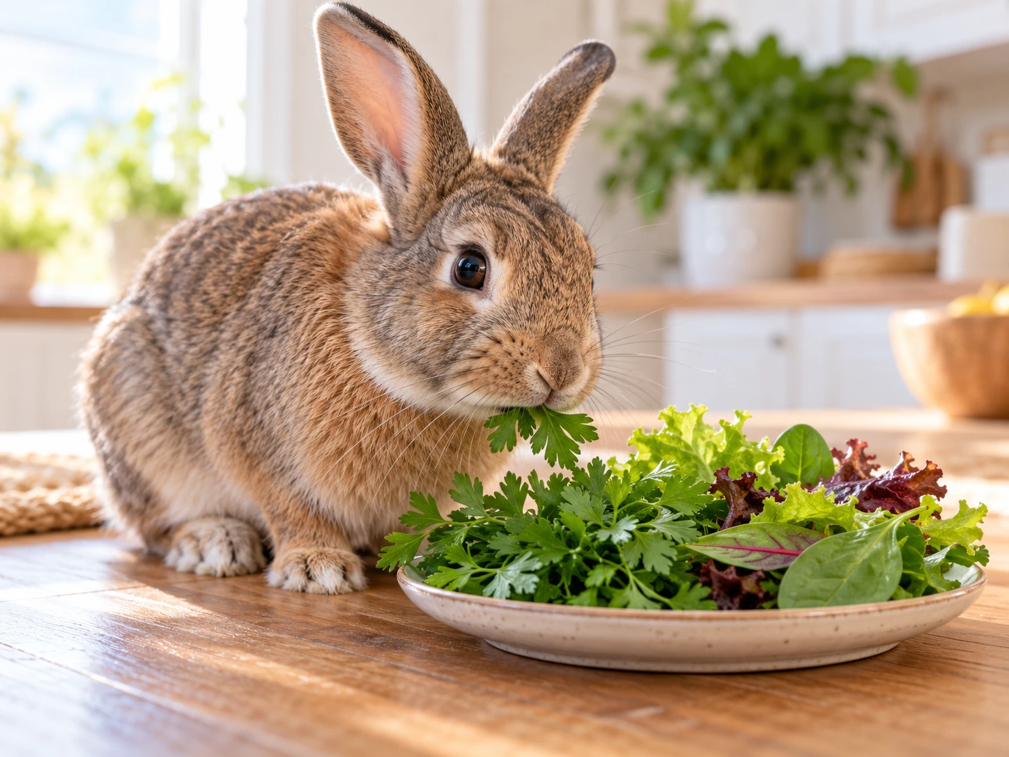 A healthy rabbit beside a small plate of fresh parsley and mixed leafy greens