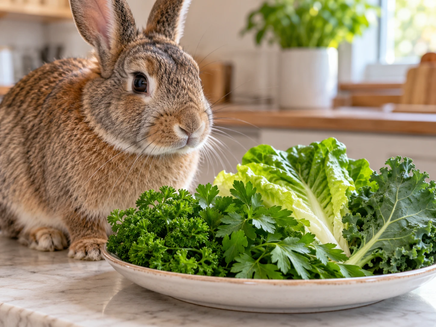 Rabbit beside small portions of curly parsley, flat leaf parsley and other leafy greens