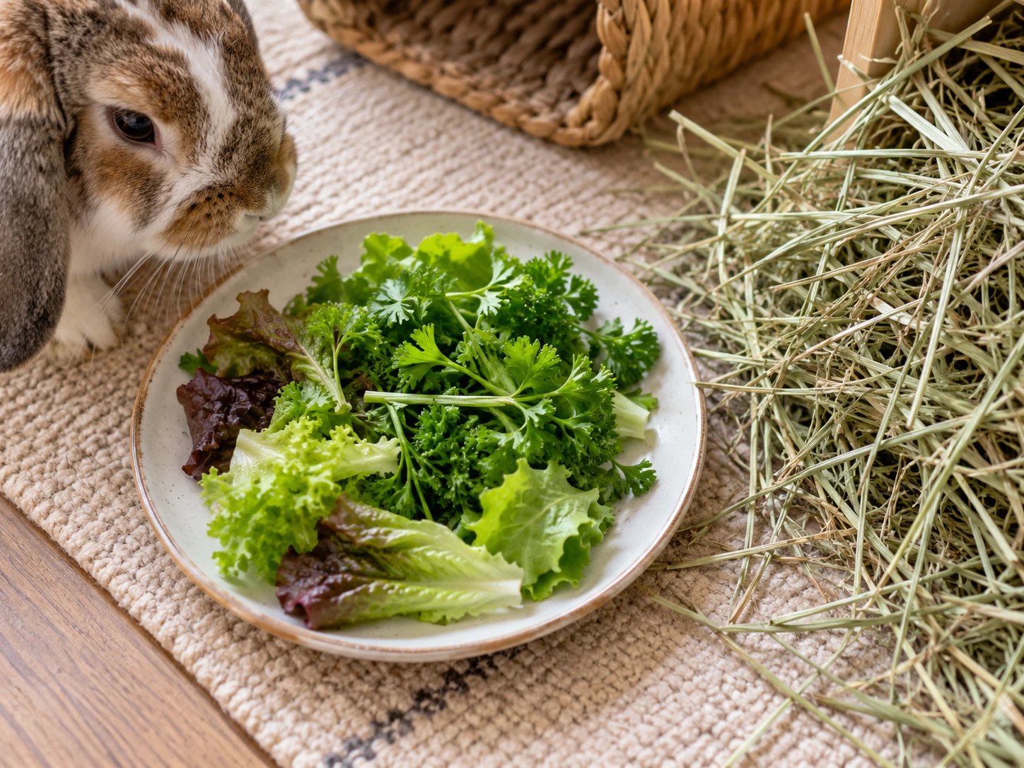 Small portion of parsley mixed with other rabbit greens beside grass hay