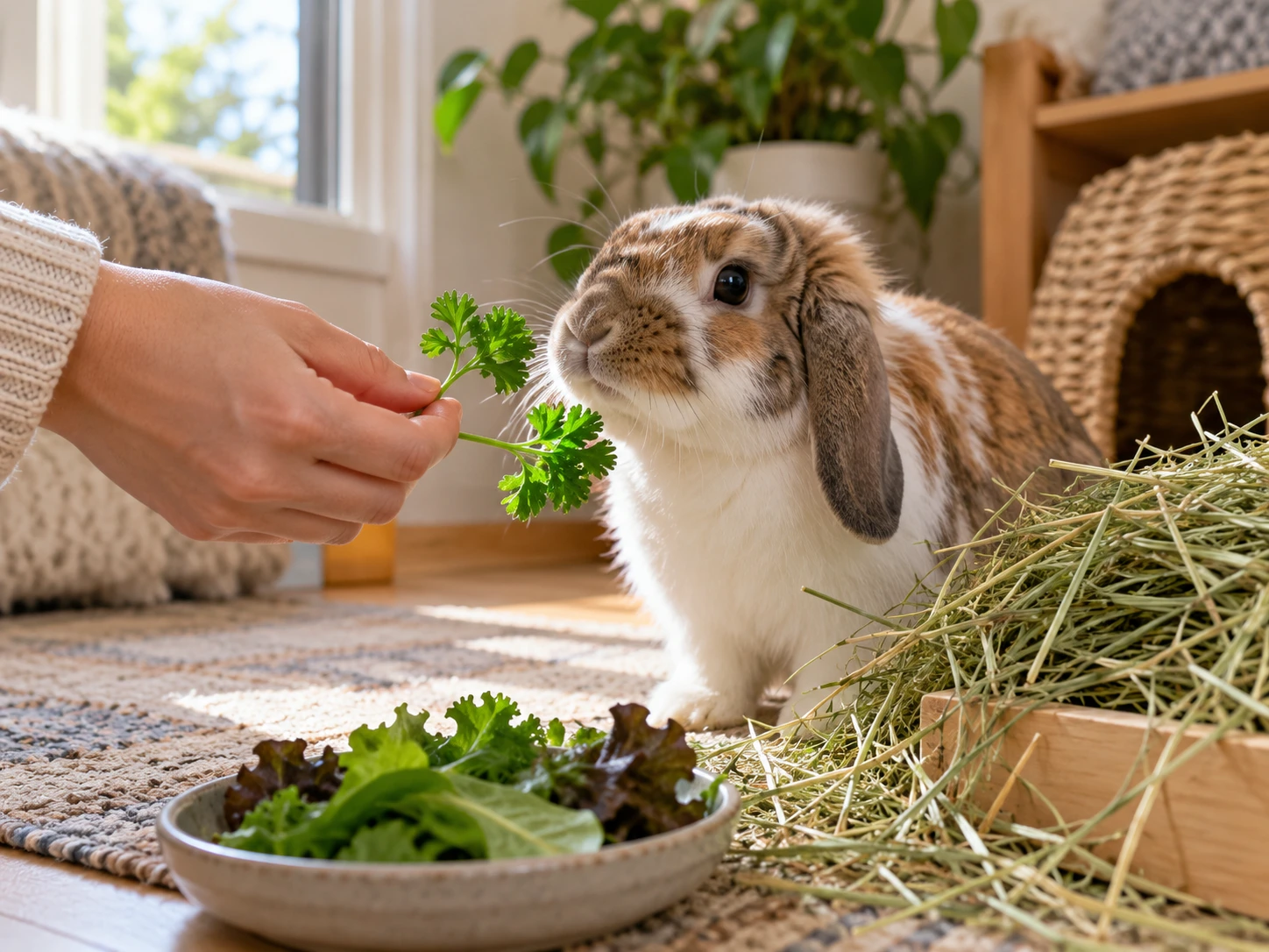 Owner offering a small amount of fresh parsley to a rabbit for the first time