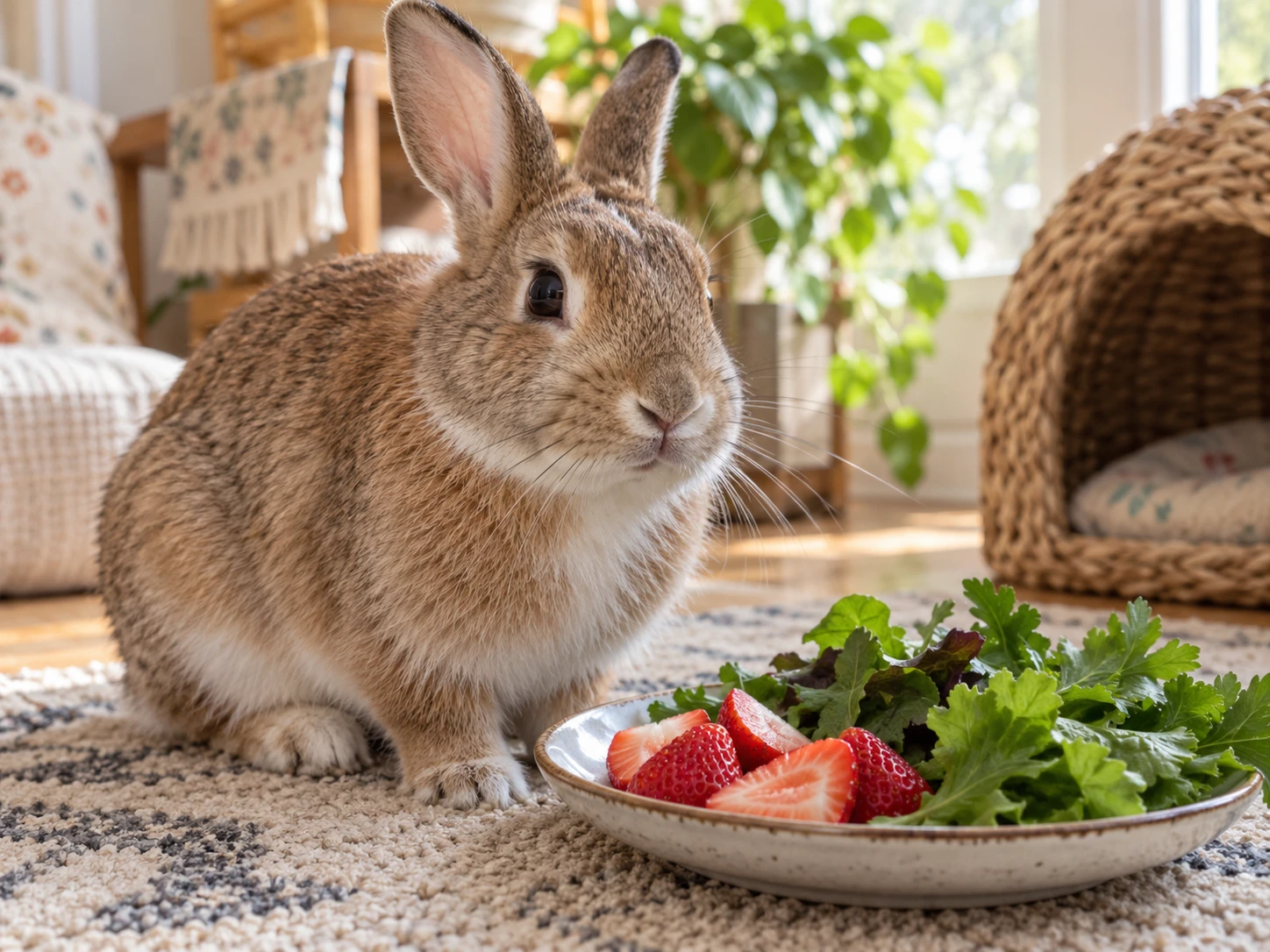 A healthy rabbit beside a small plate holding fresh strawberry pieces and leafy greens